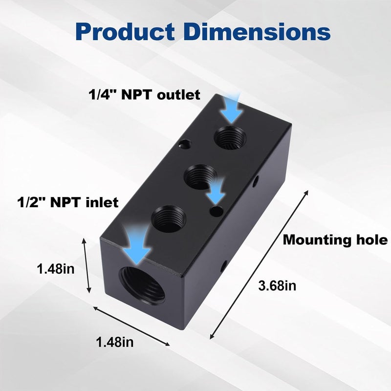 MARSTEK Air Manifold, Air Compressor Manifold, Aluminum Air Hose Inline Manifold Block Splitter, Pneumatic Manifold Air Distribution Block, NPT 1/2 Inch Supply Port, NPT 1/4 Inch Output Port (3 Way 5 Port) - Image 4